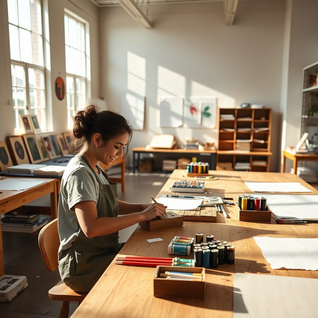 Linocut printmaking studio