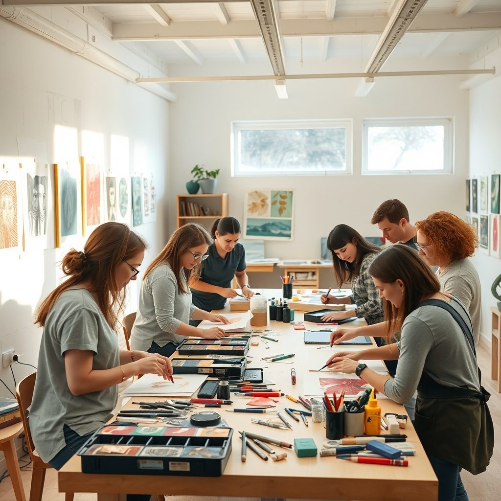 Linocut printmaking workshop in action