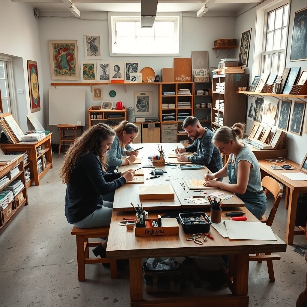 Linocut printmaking in action