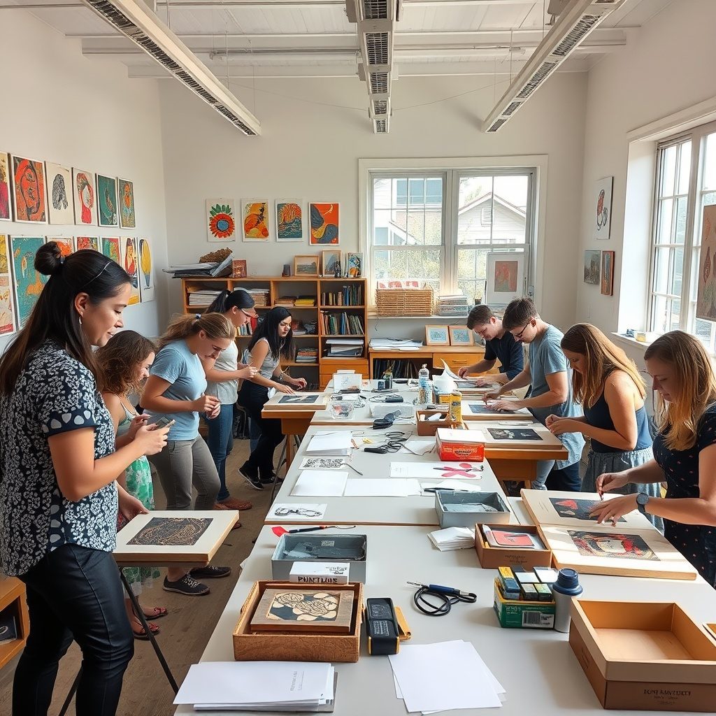 Linocut workshop in action