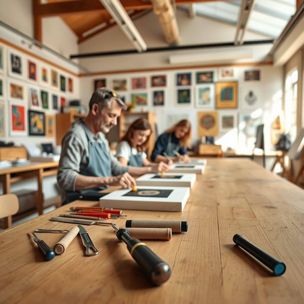 Linocut printmaking in action